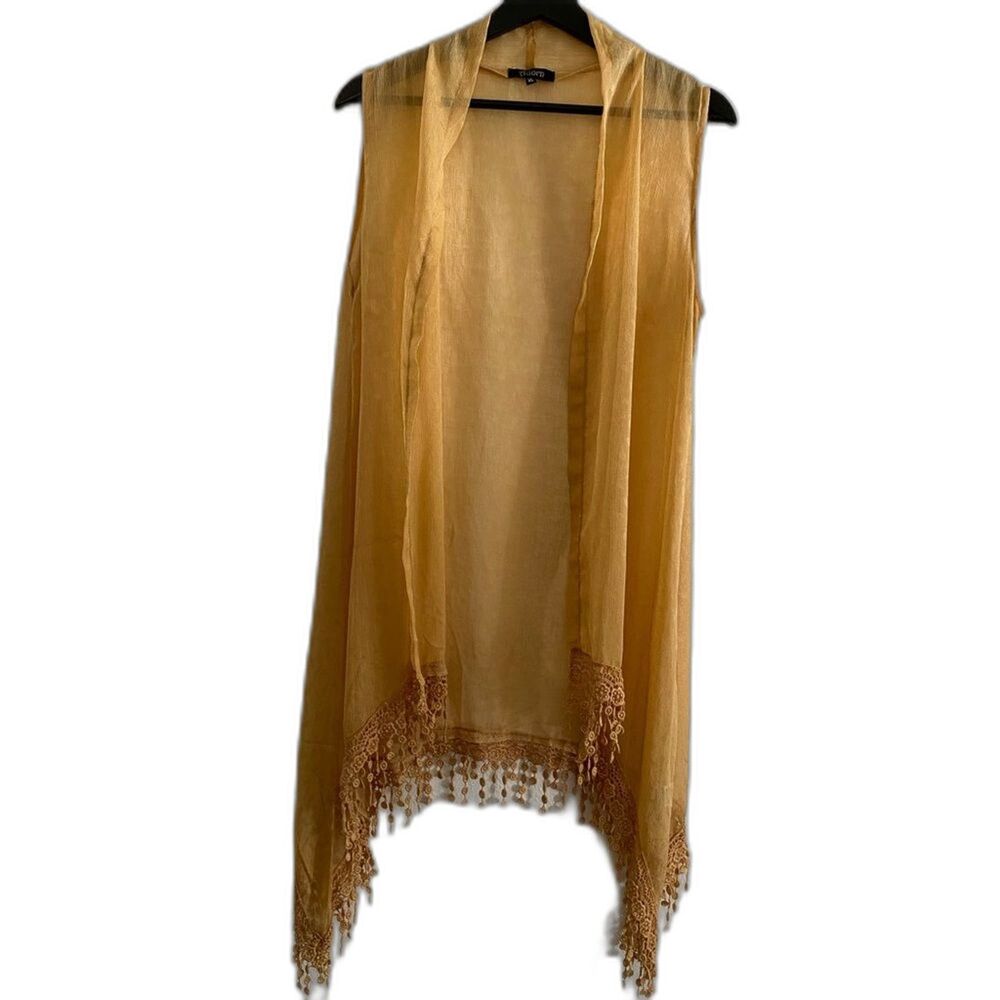 Adorn Women’s XL Sheer Gold Longline Boho Vest With Lace Trim OF28